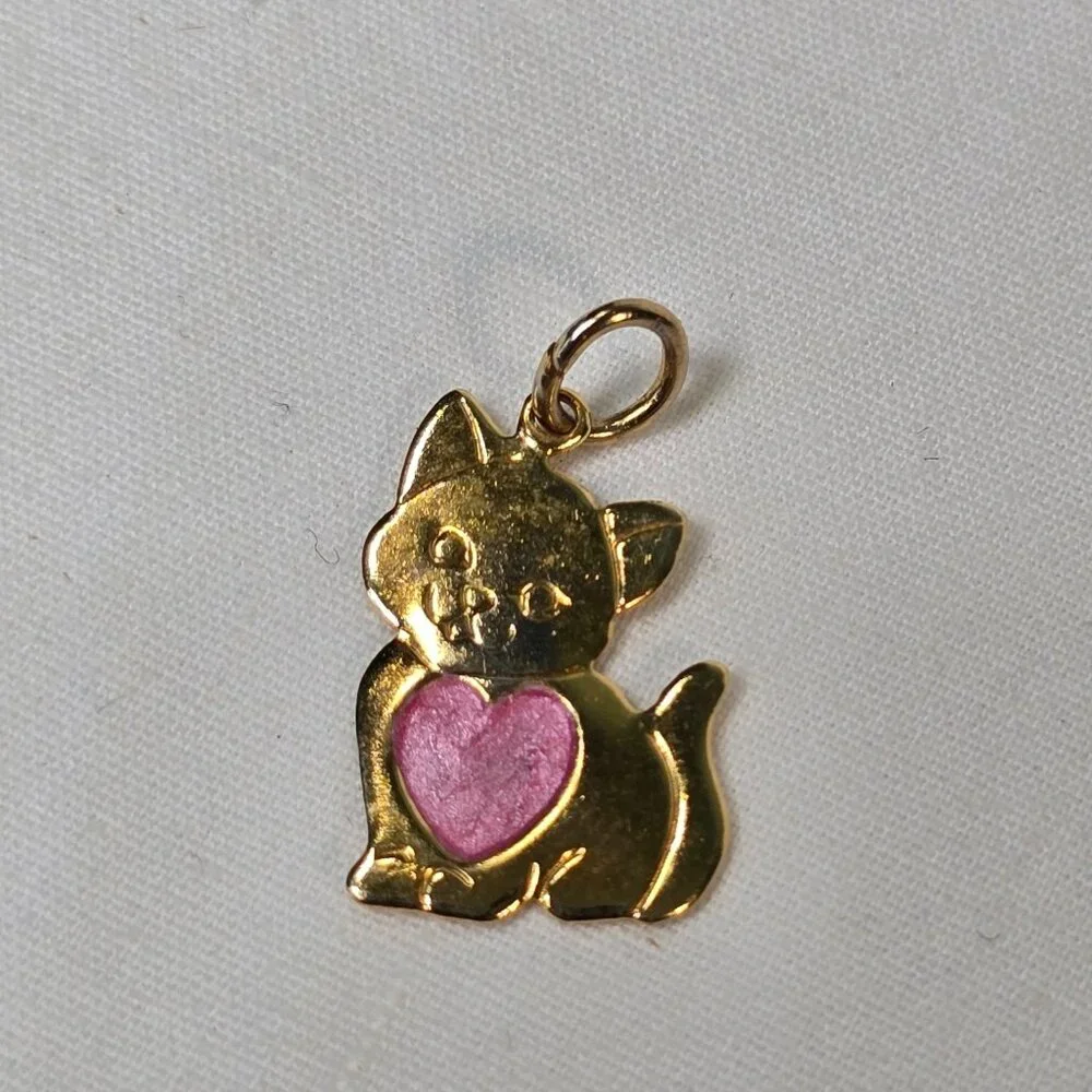 Kitty with Pink Heart Pendant Charm Fashion Jewelry Gold Tone Cat Love Kitten